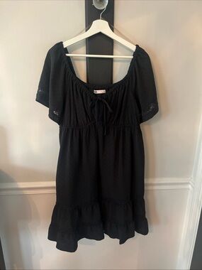 SO Black Short Puff Sleeve Mini Dress with Tie Neck